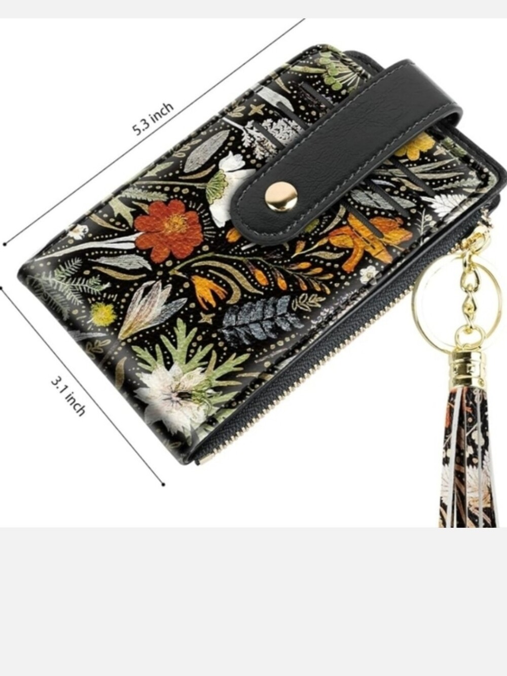 Floral Compact Card Holder Wallet with Tassel Keyring - Black